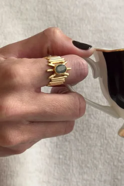 Cristina Oria Joyas Co|Joyas Co^Anillo Dorado Ajustable Con Labradorita Grisácea