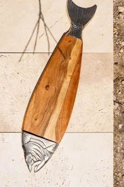 Cristina Oria Bandejas^Bandeja Alargada Plateada Y De Madera Diseño Pez