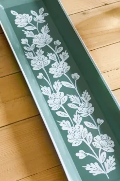 Cristina Oria Bandejas^Bandeja Alargada Verde Con Flores Blancas Pintadas A Mano