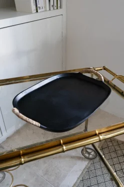 Cristina Oria Bandejas^Bandeja Negra Rectangular De Aluminio Con Asas De Ratán