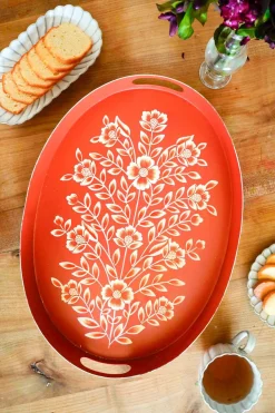 Cristina Oria Bandejas^Bandeja Oval Teja Con Flores Blancas Pintadas