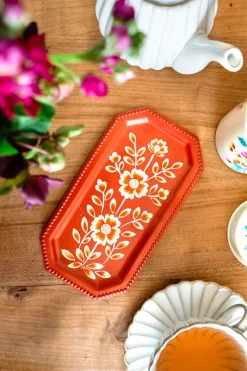 Cristina Oria Bandejas^Bandeja Pequeña Rectangular Teja Con Flores Blancas Pintadas
