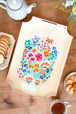 Cristina Oria Bandejas^Bandeja Rectangular Beige Con Flores De Colores Pintadas A Mano