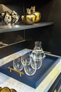 Cristina Oria Bandejas^Bandeja Rectangular De Cuero Azul Con Asas