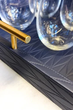 Cristina Oria Bandejas^Bandeja Rectangular De Cuero Azul Con Asas