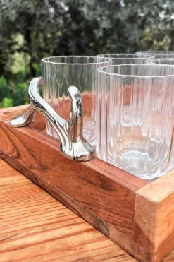 Cristina Oria Bandejas^Bandeja Rectangular De Madera Con Asas Plateadas Cuernos Ciervo