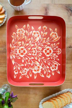 Cristina Oria Bandejas^Bandeja Rectangular Teja Con Flores Blancas Pintadas