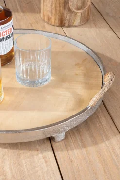 Cristina Oria Bandejas^Bandeja Redonda De Madera Y Aluminio Con Asas De Ratán