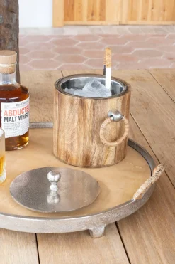 Cristina Oria Bandejas^Bandeja Redonda De Madera Y Aluminio Con Asas De Ratán