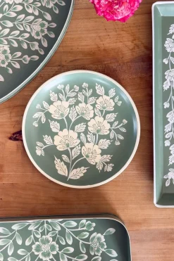 Cristina Oria Bandejas^Bandeja Redonda Verde Con Flores Blancas Pintadas A Mano