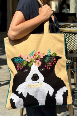 Cristina Oria Bolsos, Bolsas Y Neceseres|Otros Textil^Bolsa Bordada A Mano Con Diseño De Perro Beige