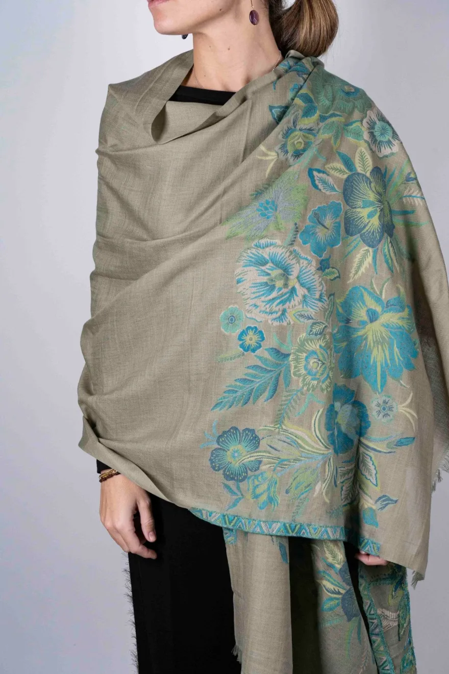 Cristina Oria Bufandas Y Pashminas^Bufanda De Lana Color Verde Con Diseño De Flores Turquesas