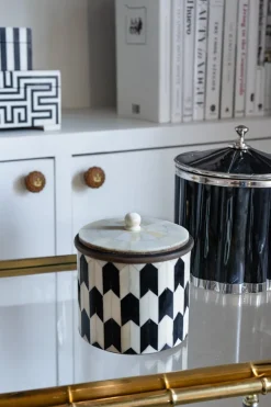 Cristina Oria Piezas Decorativas^Caja Decorativa De Hueso Y Resina Redonda Con Diseño De Flechas Blancas Y Negras