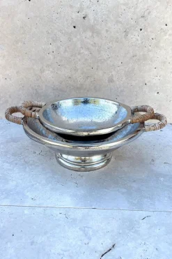 Cristina Oria Accesorios De Mesa^Centro De Mesa Plateado Con Asas De Ratán Mediano