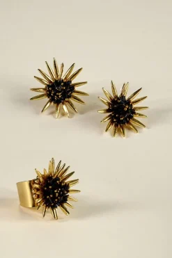 Cristina Oria Joyas Co|Joyas Co^Combinación Anillo & Pendientes Dorados Diseño Girasoles Negros
