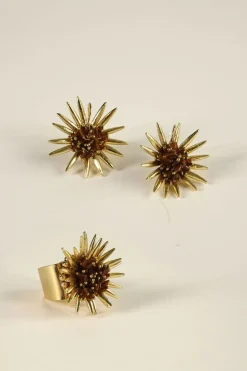 Cristina Oria Joyas Co|Joyas Co^Combinación Anillo & Pendientes Dorados Diseño Girasoles Marrones