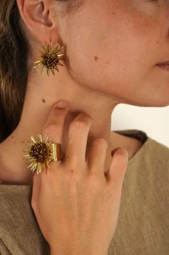 Cristina Oria Joyas Co|Joyas Co^Combinación Anillo & Pendientes Dorados Diseño Girasoles Marrones