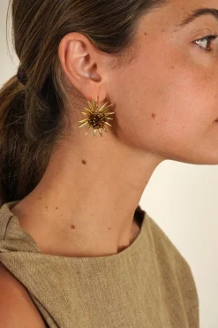 Cristina Oria Joyas Co|Joyas Co^Combinación Anillo & Pendientes Dorados Diseño Girasoles Marrones