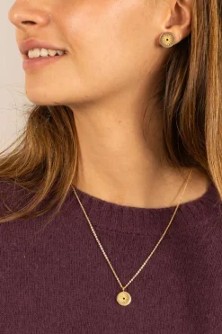 Cristina Oria Joyas Co|Joyas Co^Combinación Pendientes & Collar Dorados Con Diseño Sol Y Circonita Negra