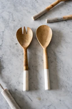 Cristina Oria Cubiertos De Servir^Cubiertos De Servir De Madera Con Mangos De Mármol En Color Blanco