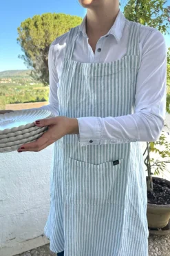 Cristina Oria Delantales|Delantales^Delantal De Lino Con Diseño De Rayas Verde Agua