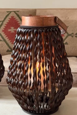 Cristina Oria Piezas Decorativas|Candelabros Y Portavelas^Farolillo Con Diseño Trenzado De Cuero Grande