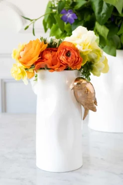 Cristina Oria Jarrones, Floreros Y Maceteros^Florero Porcelana Blanco Con Pájaros Dorados Pequeño