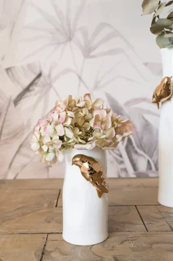 Cristina Oria Jarrones, Floreros Y Maceteros^Florero Porcelana Blanco Con Pájaros Dorados Pequeño