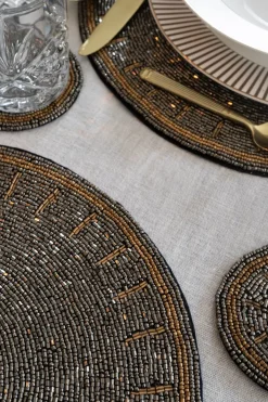 Cristina Oria Manteles Individuales|Platos Y Bajoplatos^Individual Redondo Plateado Con Detalles Dorados Bordado Con Cuentas