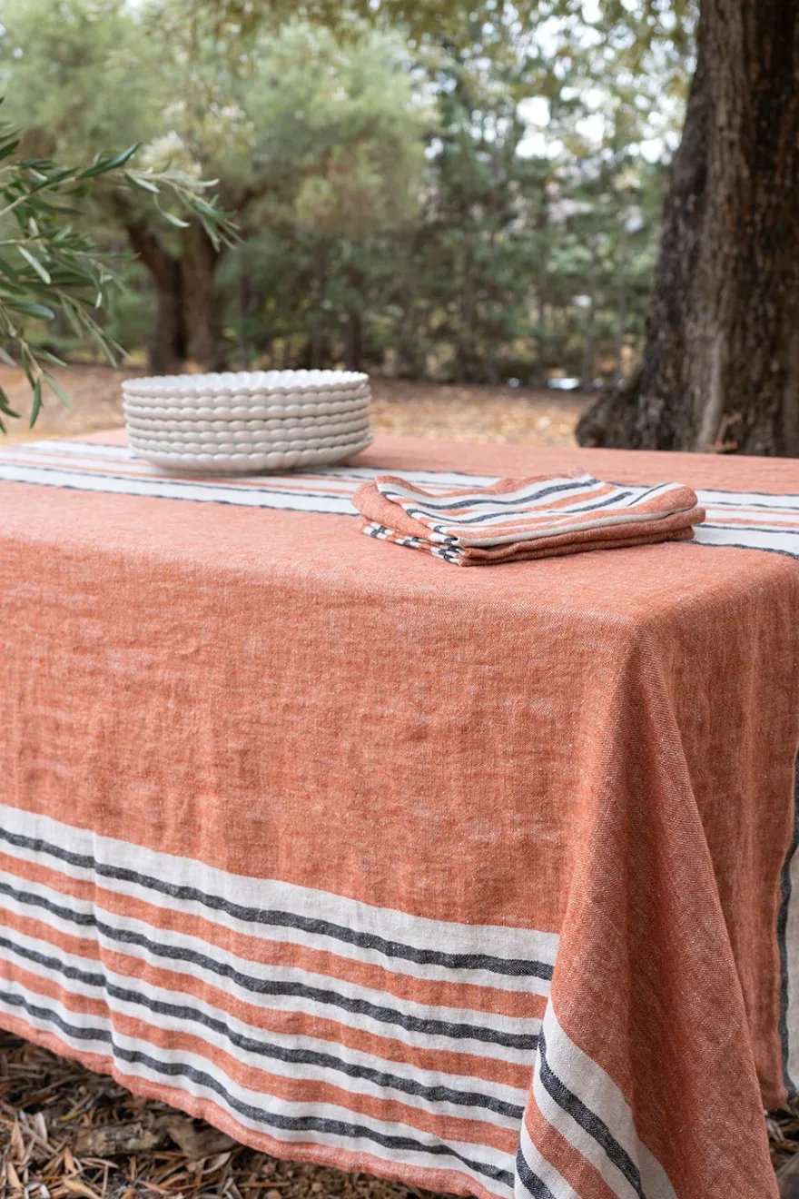 Cristina Oria Manteles^Mantel De Lino Color Teja Con Rayas Beige & Grises