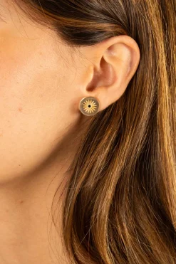 Cristina Oria Joyas Co|Joyas Co^Pendientes Dorados Redondos Con Diseño De Sol Y Circonita Negra