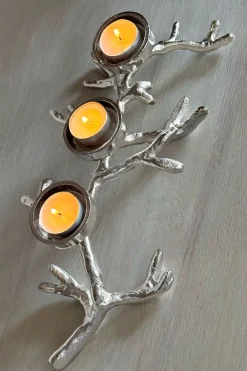 Cristina Oria Candelabros Y Portavelas^Portavelas Plateado Para Tres Velas Con Diseño De Cuerno De Ciervo