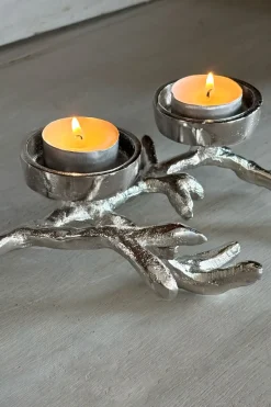 Cristina Oria Candelabros Y Portavelas^Portavelas Plateado Para Tres Velas Con Diseño De Cuerno De Ciervo