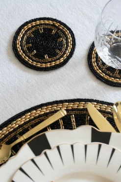 Cristina Oria Posavasos Y Servilleteros^Posavasos Negro Con Detalles Dorados Bordado Con Cuentas