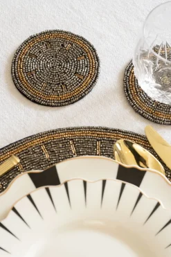 Cristina Oria Posavasos Y Servilleteros^Posavasos Plateado Con Detalles Dorados Bordado Con Cuentas