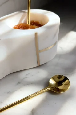 Cristina Oria Accesorios De Mesa^Recipiente Doble De Mármol Blanco Con Cucharas Doradas