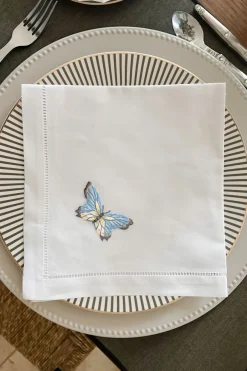 Cristina Oria Servilletas Y Accesorios^Servilleta Bordada A Mano Con Diseño De Mariposa Azul