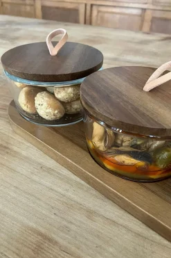 Cristina Oria Fuentes, Ensaladeras Y Cuencos^Set 3 Recipientes De Cristal Con Tapas Y Base De Madera