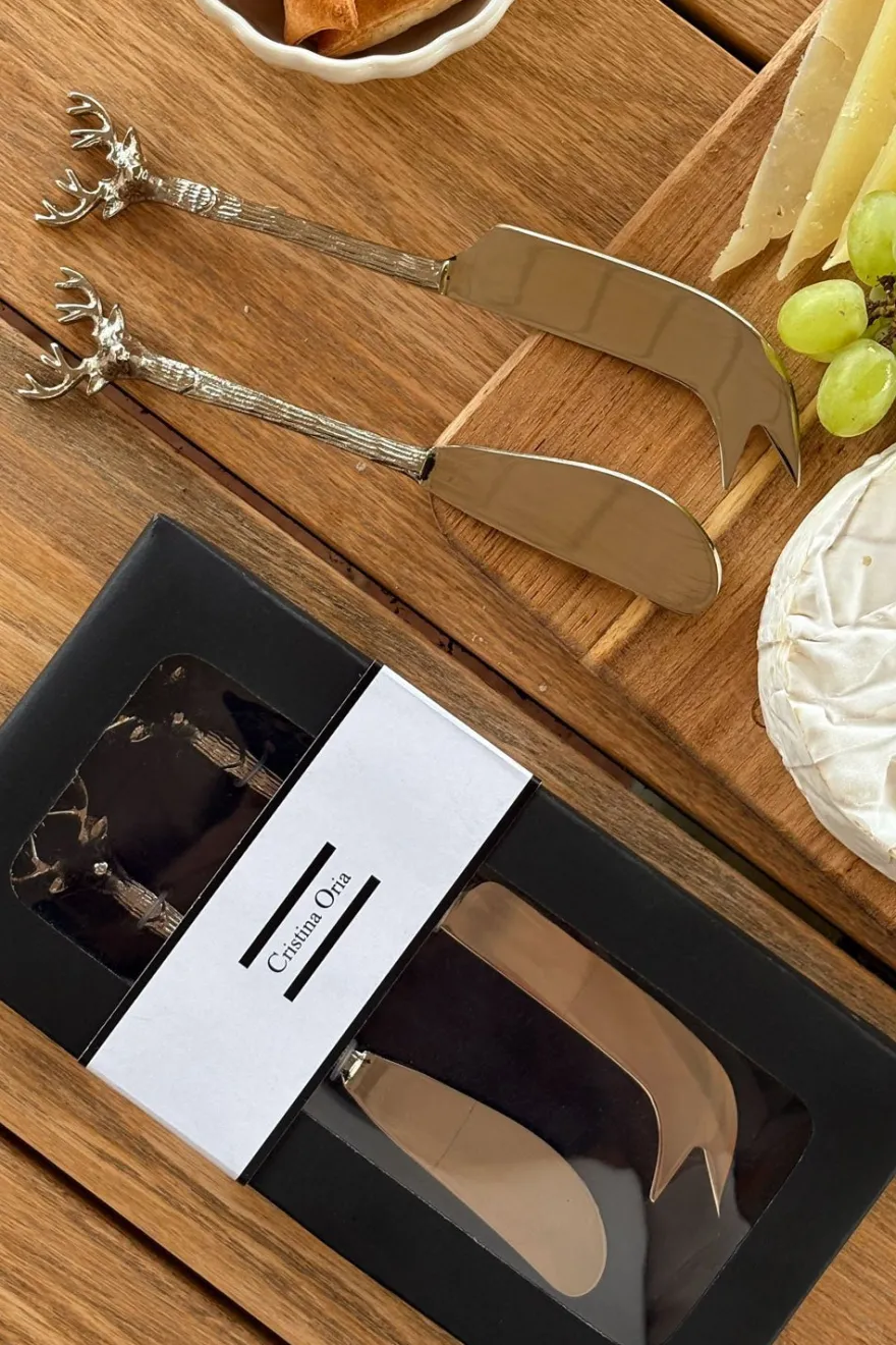 Cristina Oria Cubiertos De Aperitivo|Cubiertos De Postre^Set De 2 Cuchillos Para Quesos Con Diseño De Ciervo