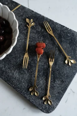 Cristina Oria Cubiertos De Aperitivo|Cubiertos De Postre^Set De 4 Tenedores Dorados Con Diseño De Hojas