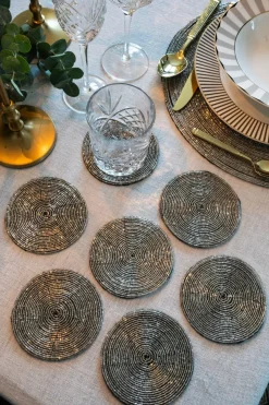 Cristina Oria Posavasos Y Servilleteros^Set De Seis Posavasos Plateados Bordados Con Cuentas